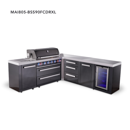 Mont Alpi Black Series L-Shaped Outdoor Grill – L (90° Corner) + Drawer + Extra Storage Cabinets · Fridge Cabinet