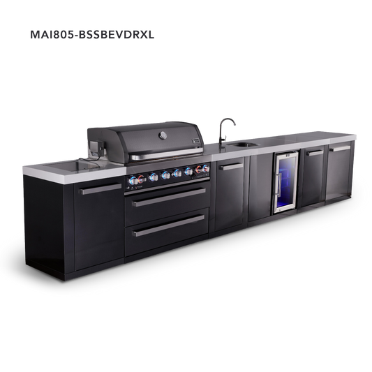 Mont Alpi Black Series Outdoor Grill – Straight + Drawer + Extra Storage Cabinets · Beverage Center
