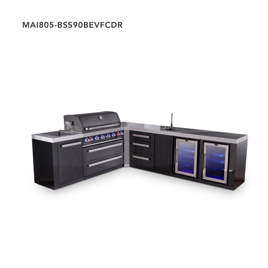 Mont Alpi Black Series L-Shaped Outdoor Grill – L (90° Corner) + Drawer Cabinet · Beverage Center + Fridge Cabinet