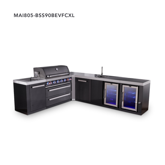 Mont Alpi Black Series L-Shaped Outdoor Grill – L (90° Corner) + Extra Storage Cabinet · Beverage Center + Fridge Cabinet