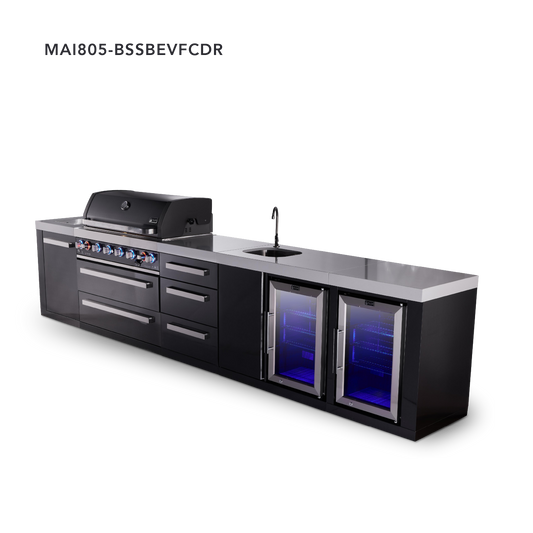 Mont Alpi Black Series Outdoor Grill – Straight + Drawer Cabinet · Beverage Center + Fridge Cabinet