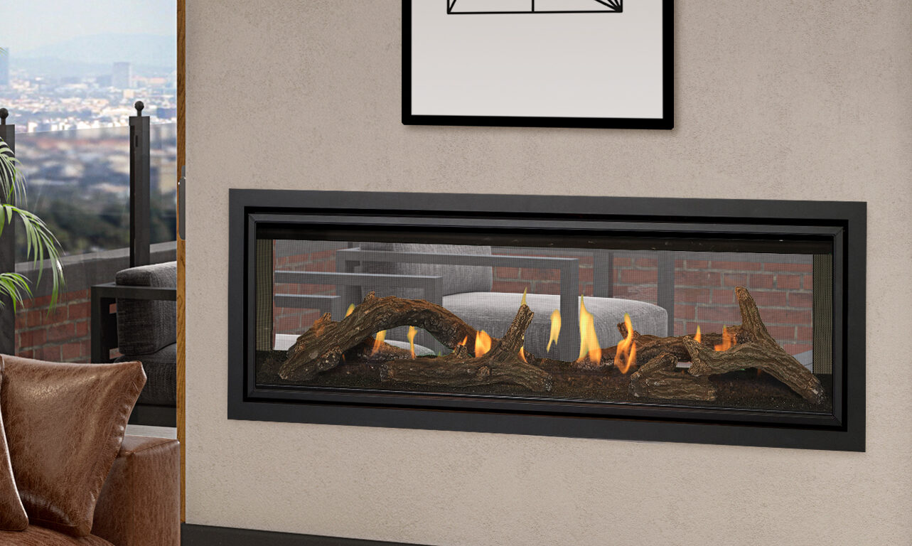 Kozy Heat Callaway See-Thru linear direct vent gas fireplace, two-sided installation