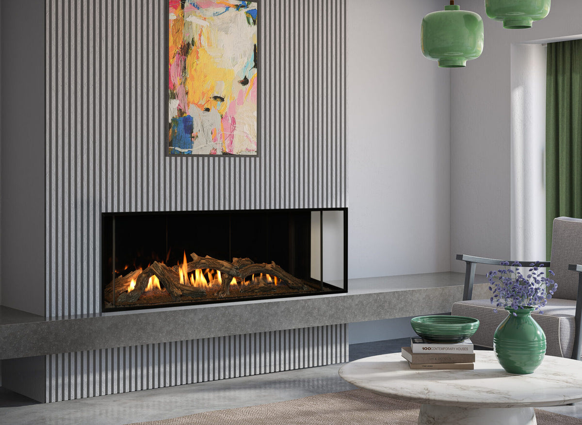 Kozy Heat Generation 6020 frameless modern direct vent gas fireplace, two-sided bay installation