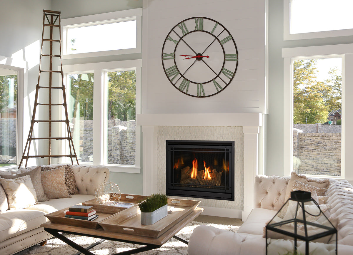 Kozy Heat SP Series slim profile direct vent gas fireplace with traditional log set